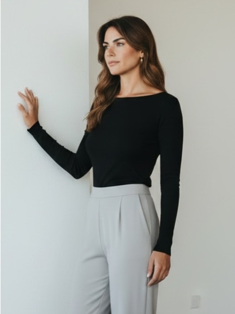 1557 • Black Buttery Soft  Long Sleeve Microfiber Bateau Neck Top